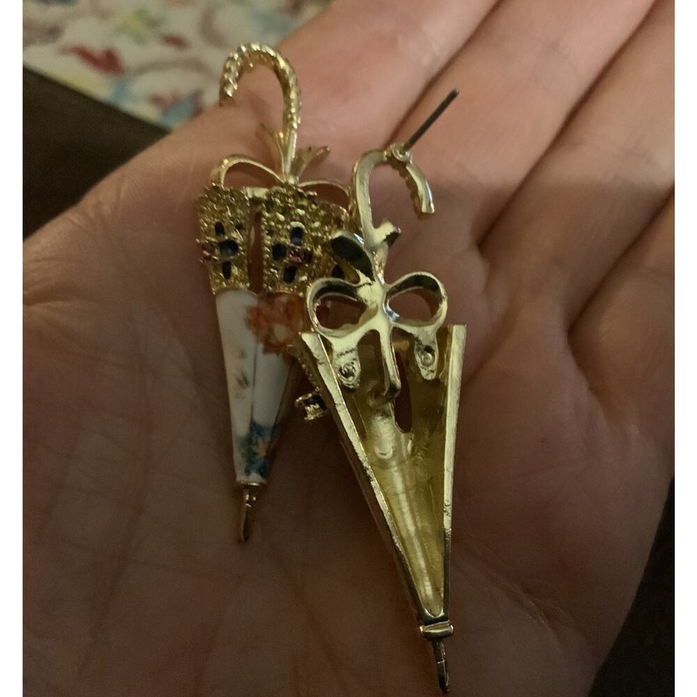 Umbrella Museum Earrings Art Antique VTG CZ Pearl Gold Retro Revival Flower Boho - Picture 8 of 9